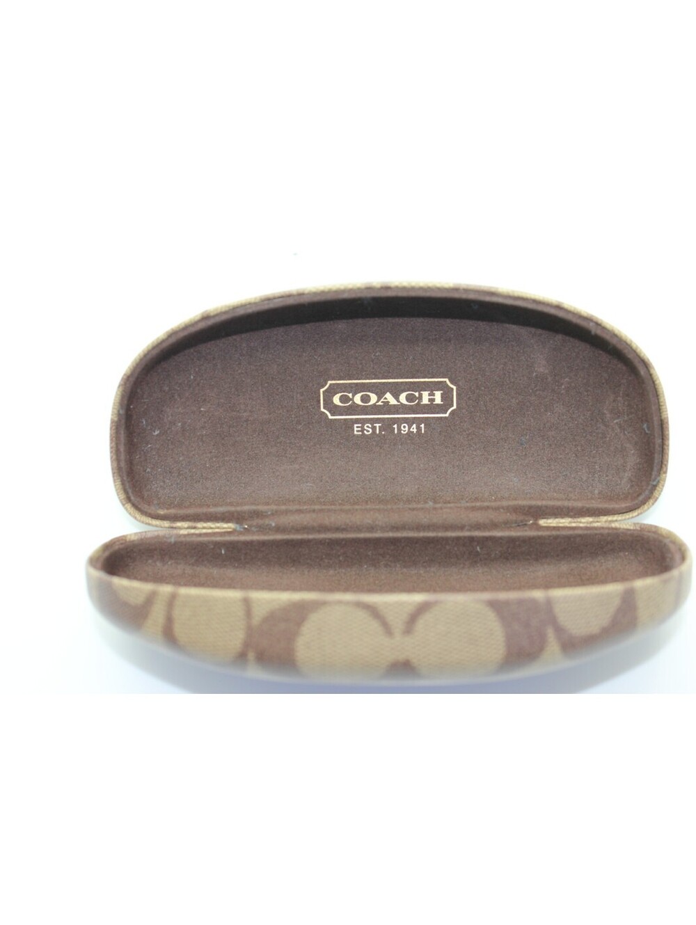 Coach Signature C Monogram Brown Tan Clamshell Glasses Case